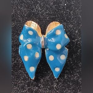 Blue Polka Dot Bow Brooch with Gold Accents